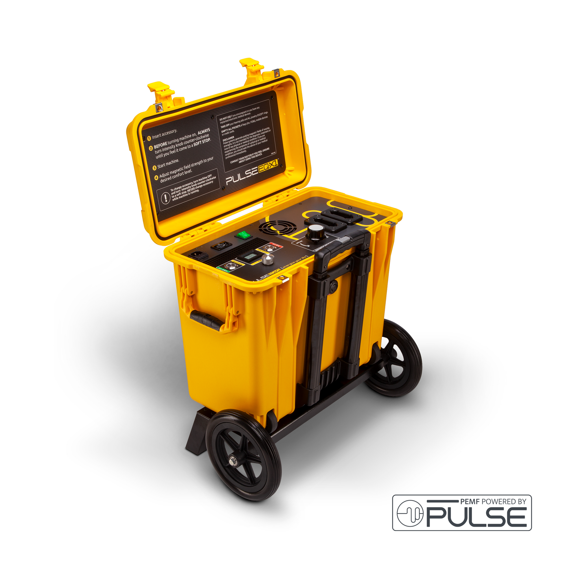The Pulse EQX1 PEMF machine in a rugged yellow case with wheels and an extended handle, ideal for mobile animal and equine therapy practitioners.
