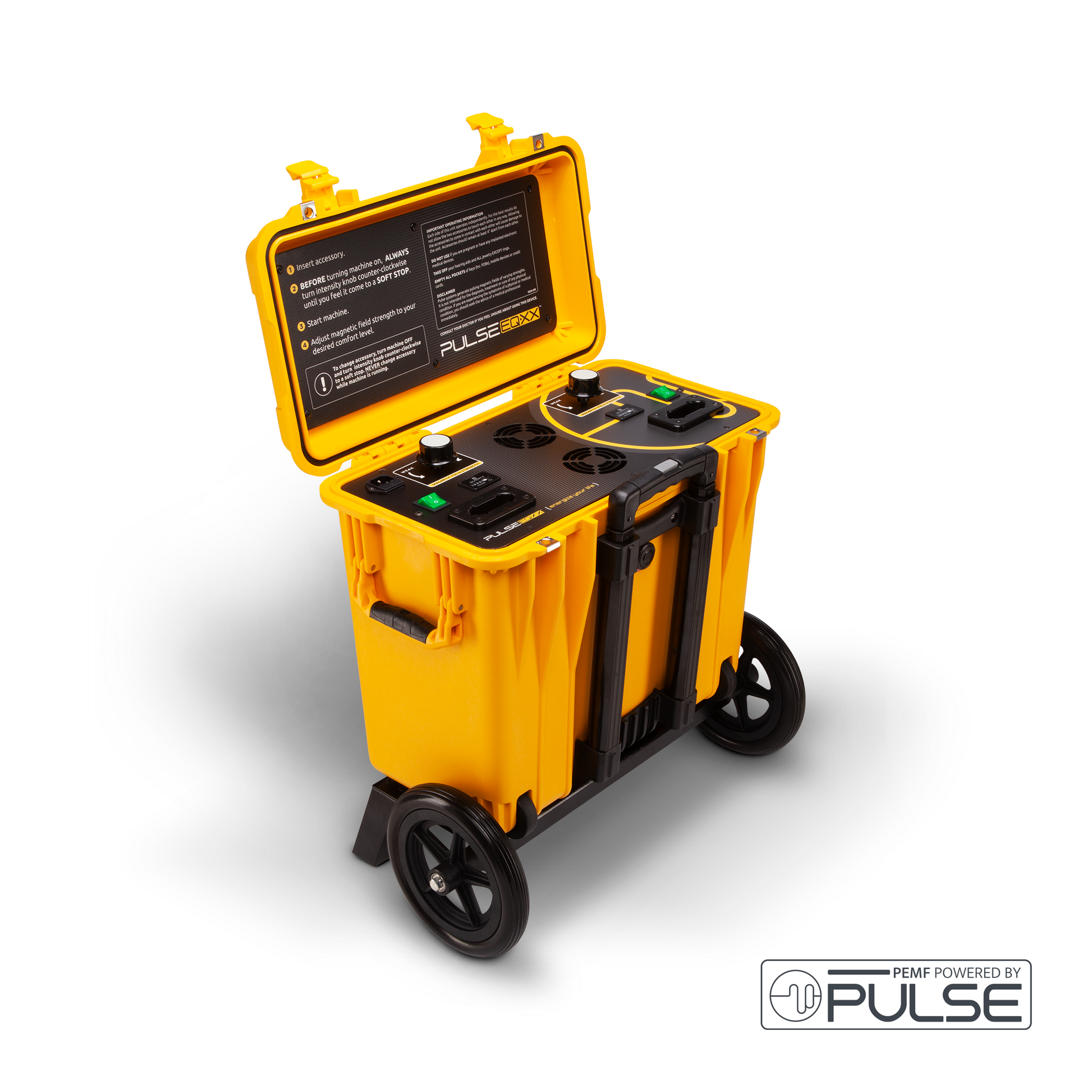 The Pulse EQXX PEMF machine in a heavy-duty yellow wheeled case, featuring dual control dials for simultaneous multi-loop treatments.