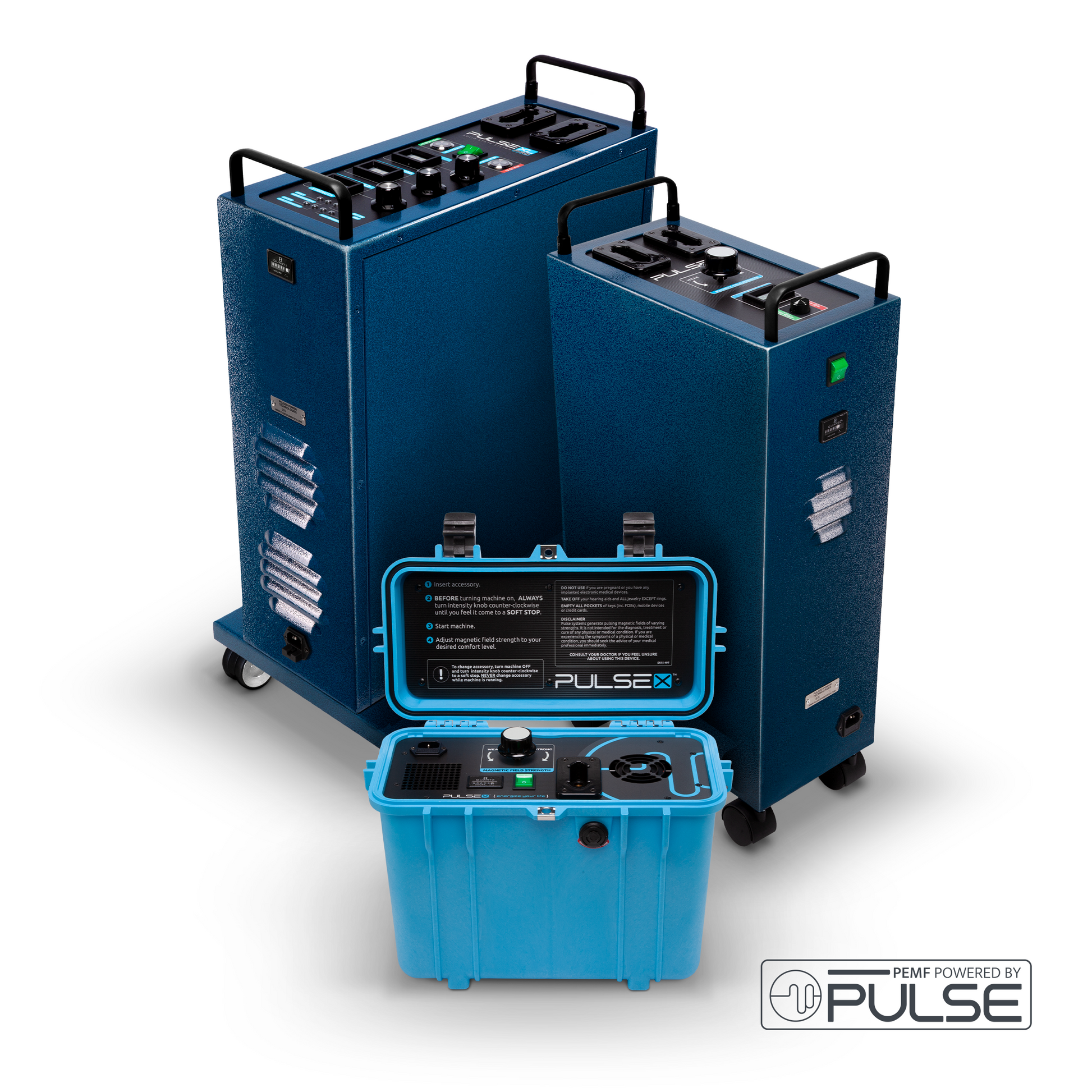 Full lineup of Pulse PEMF human machines including Pulse X, X1, and XL Pro models, displayed together to show size comparison and treatment flexibility.