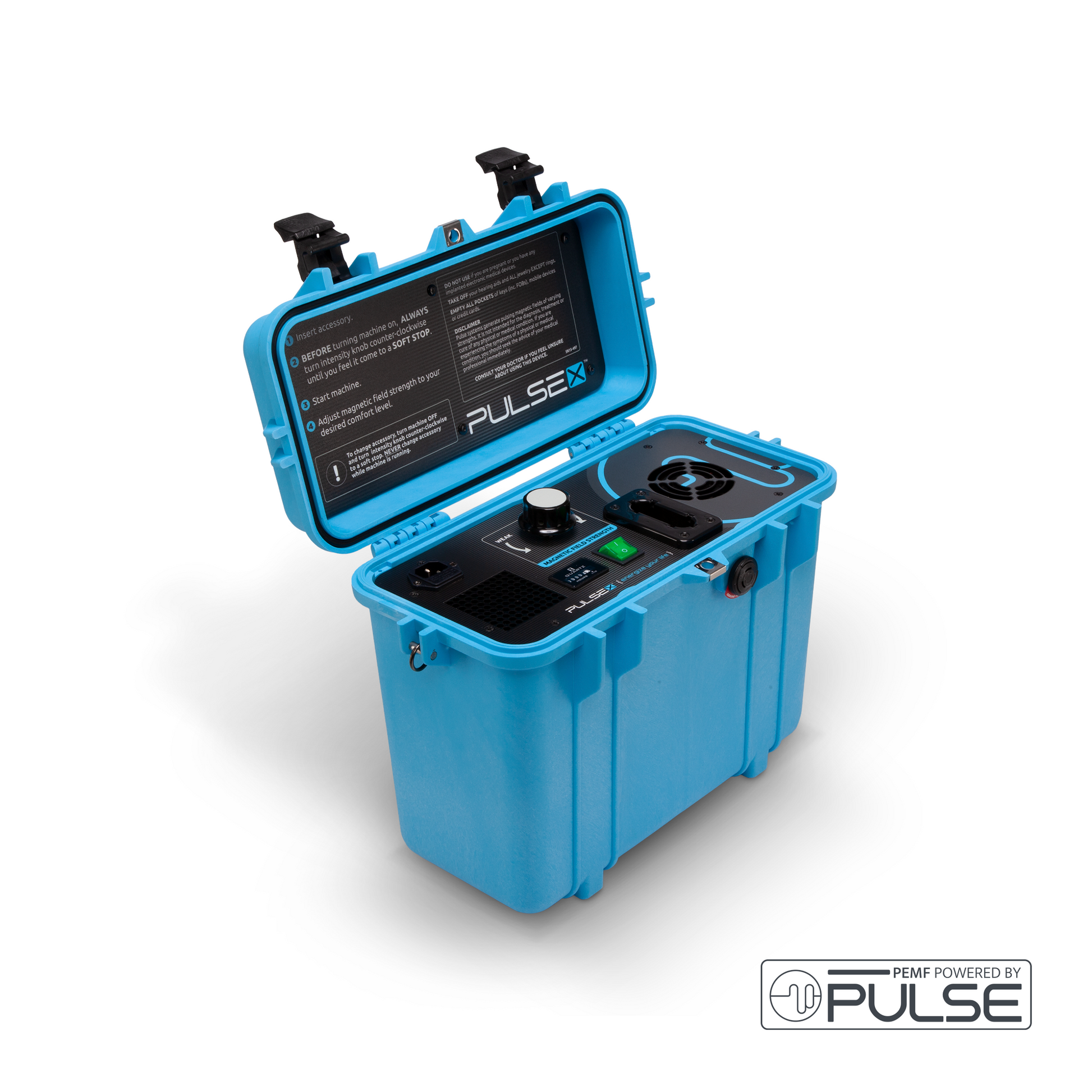 Compact blue Pulse X PEMF machine with lid open, designed for convenient and portable human therapy sessions at home or in clinic environments.