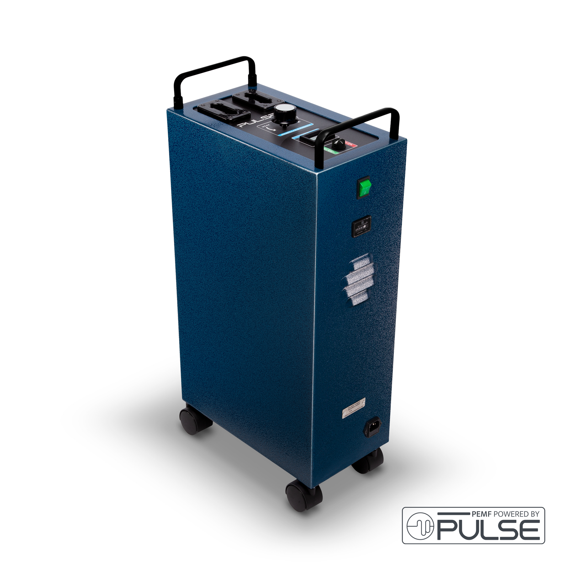 Medium-sized Pulse X1 PEMF machine for human therapy, featuring control panel and sturdy blue case with wheels for easy mobility in clinical settings.