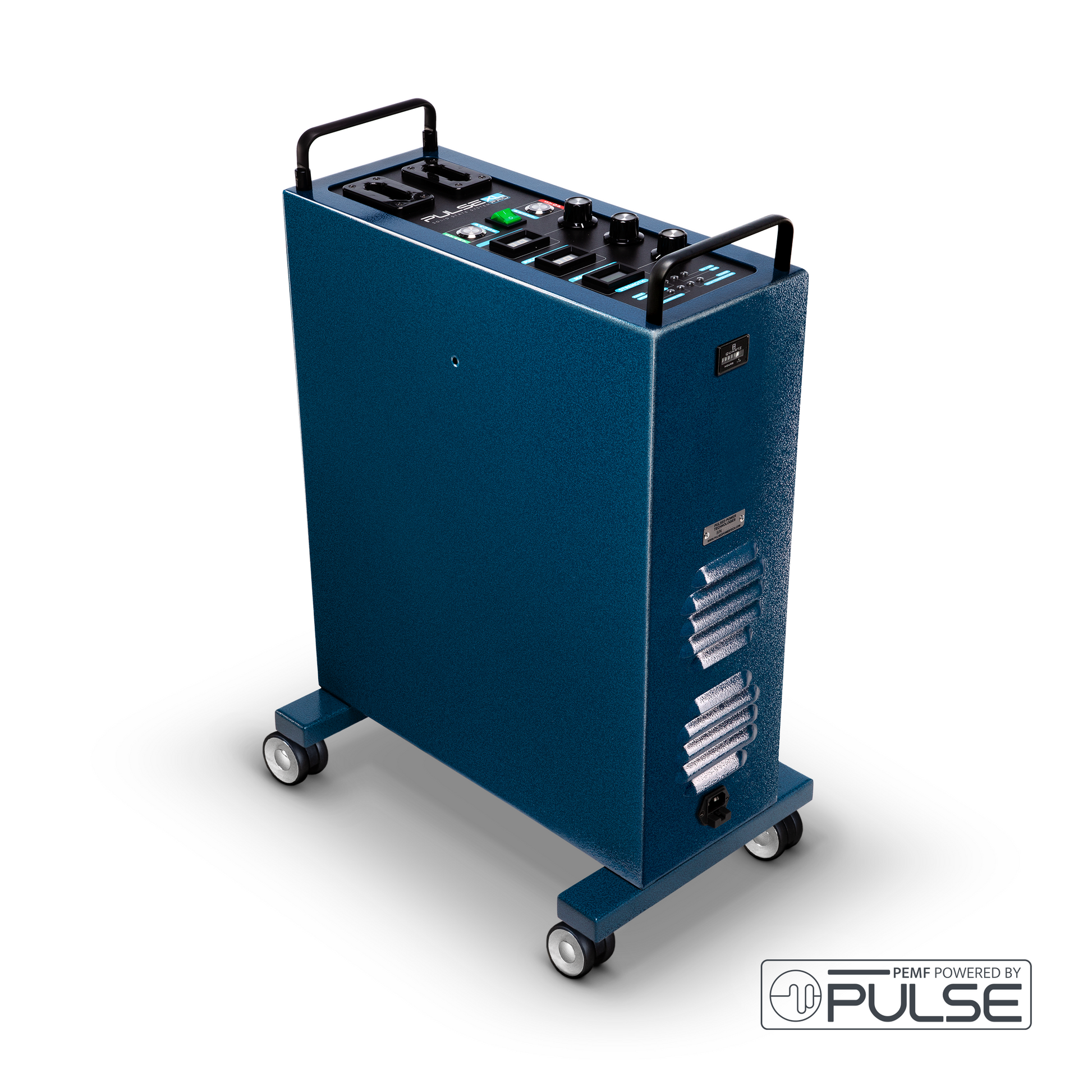 Pulse XL Pro PEMF system for intensive human therapy, housed in a durable wheeled blue unit with dual outputs and advanced control settings for professional use.