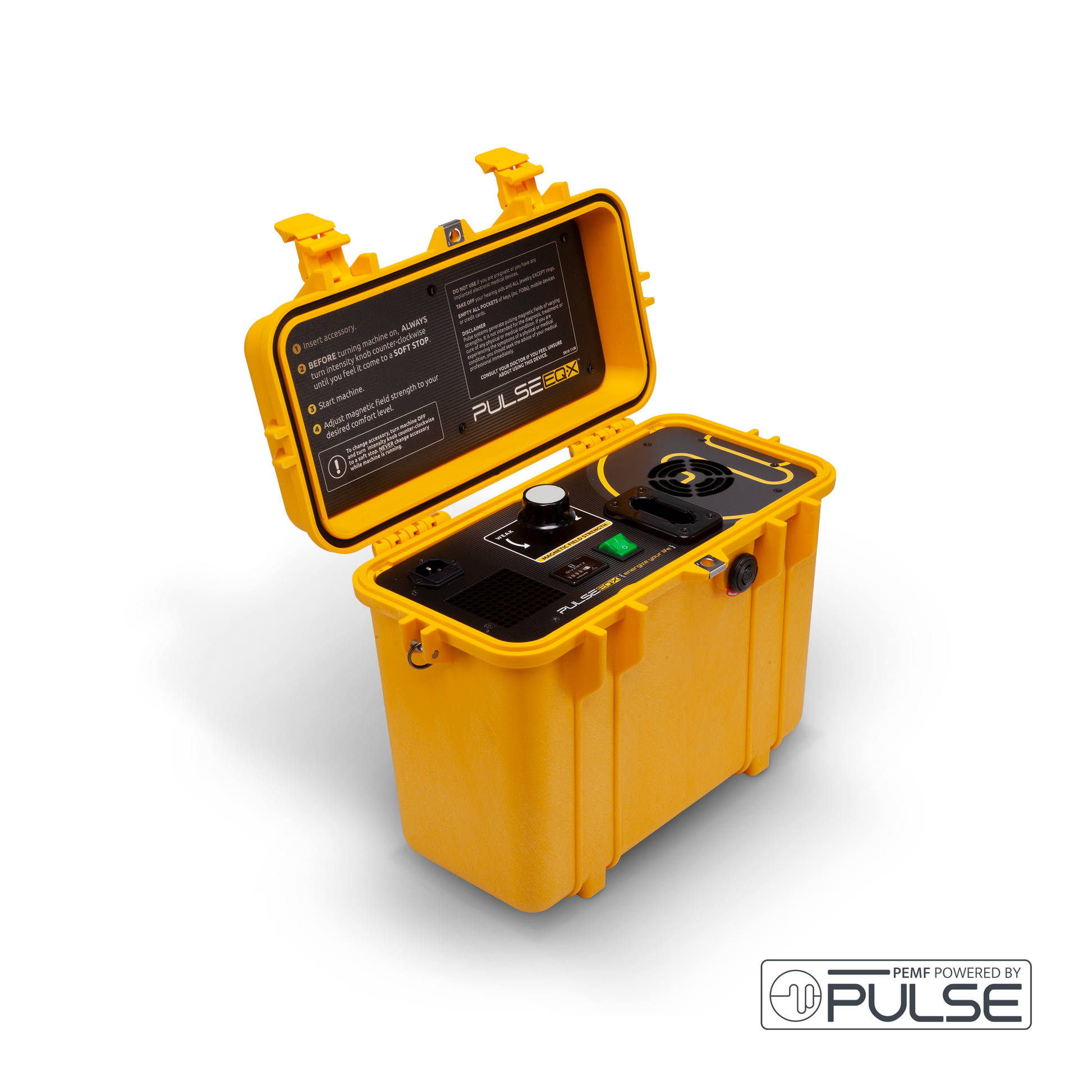 A compact yellow Pulse EQ-X PEMF machine with its lid open, showing control dials and setup instructions, designed for portable animal and equine therapy sessions.