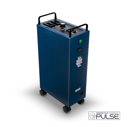 Medium-sized Pulse X1 PEMF machine for human therapy, featuring control panel and sturdy blue case with wheels for easy mobility in clinical settings.